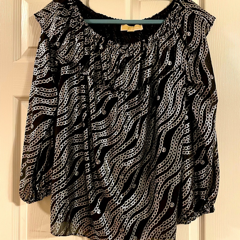 Michael Michael Kors Women’s Black and Silver Metallic Chain-Print Top